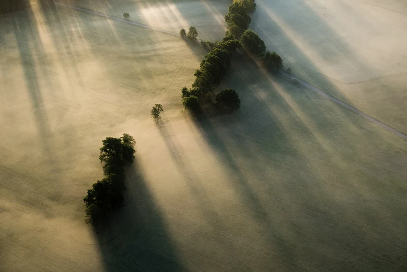 Nebliger Sonnenaufgang im Naturpark Hoher Fläming — weite Landschaft mit Dunstschleier über den Feldern